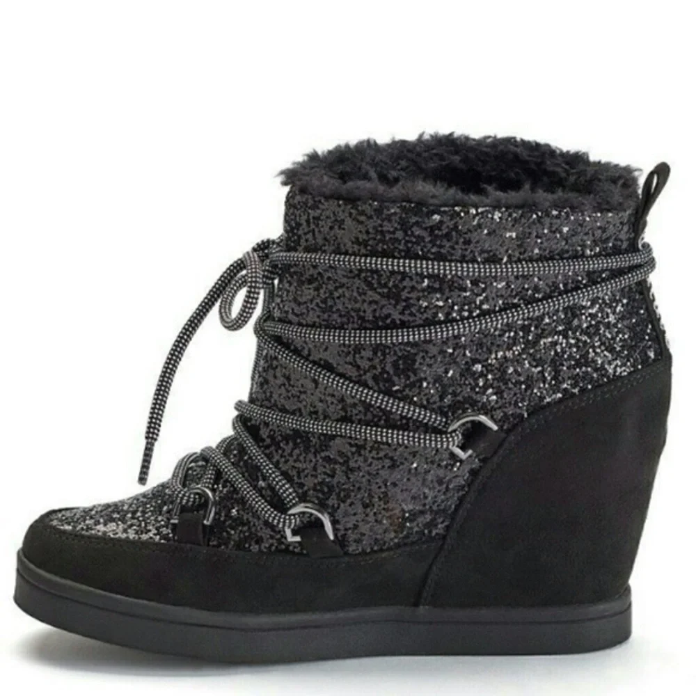 Juicy Couture Mareen Black Glitter Lace Up Wedge Bootie Size 7.5 EUC Y2K